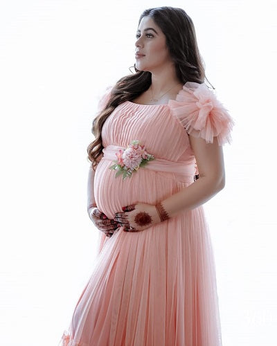 G1141, Peach Frilled Maternity Shoot Gown Size: All, Color: All