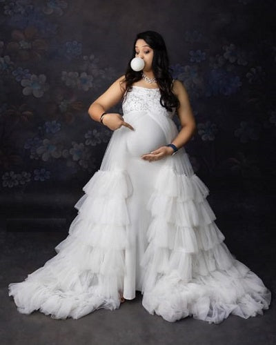 W2011, White Lace Top Ruffled Maternity Shoot Trail Gown Size: All, Color: All