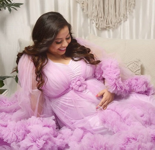 G948, Opal Lavender Ruffled Maternity Shoot Gown Size: All, Color: All