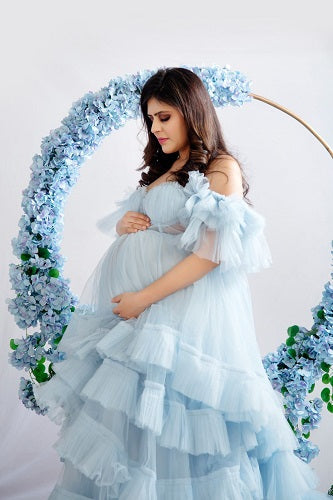 G466, Blue Frilled Maternity Shoot Gown With Inner, Size (All)