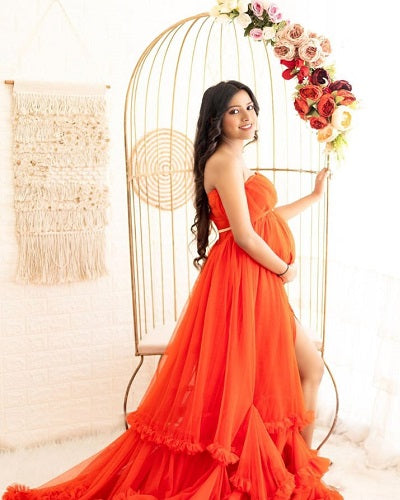 G1067, Orange TubeTop Slit Cut Ruffled Maternity Shoot Trail Gown, Size: All, Color: All