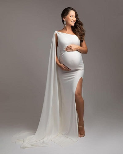 W2012, White One Shoulder Body Fit Maternity Shoot Trail Gown Size: All, Color: All