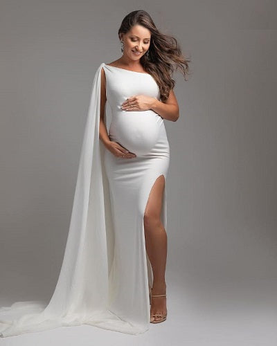 W2012, White One Shoulder Body Fit Maternity Shoot Trail Gown Size: All, Color: All