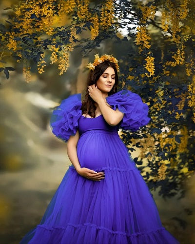 G1044, Royal Purple Frilled Maternity Shoot Trail Gown Size: All, Color: All