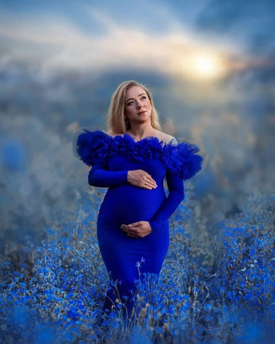 G1049, Royal Blue Body Fit Ruffled Maternity Shoot Trail Gown, Size: All, Color: All