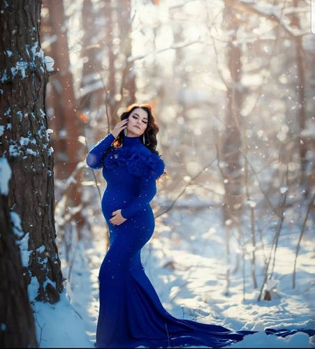 G1049, Royal Blue Body Fit Ruffled Maternity Shoot Trail Gown, Size: All, Color: All