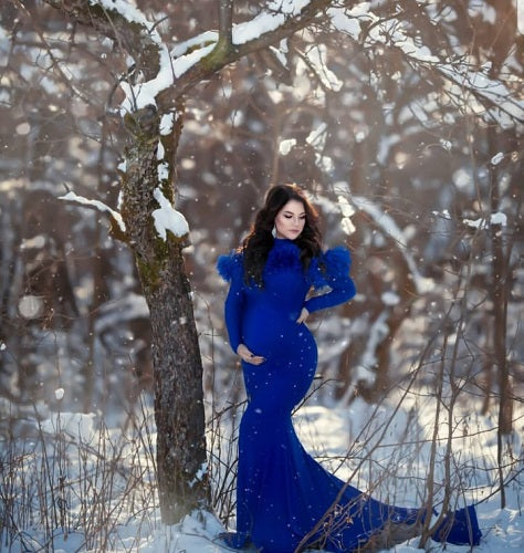 G1049, Royal Blue Body Fit Ruffled Maternity Shoot Trail Gown, Size: All, Color: All