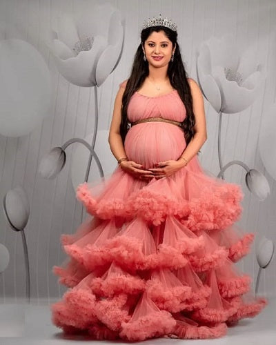 G548, Peach Ruffled Maternity Shoot Trail Gown, Size: All, Color: All