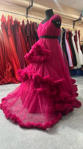 G648, Dark Magenta Puffy Pre Wedding Shoot Trail Gown Size: All, Color: All