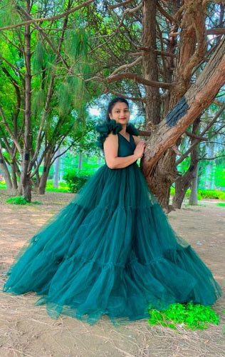 G2049, Bottle Green Ruffled Prewedding Shoot Trail Gown Size: All, Color: All