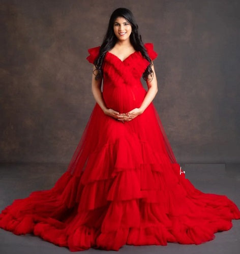 G655, Red Ruffled Maternity Shoot Trail Gown Size: All, Color: All