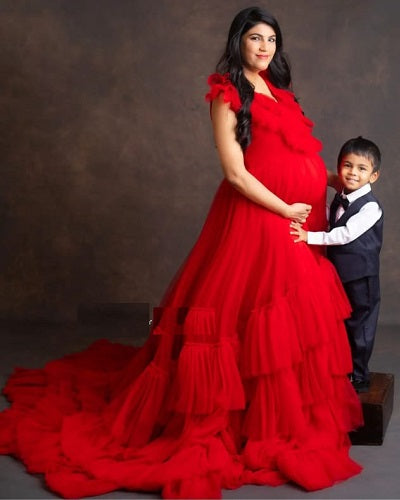 G655, Red Ruffled Maternity Shoot Trail Gown Size: All, Color: All
