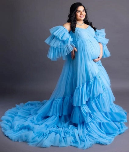 G1026,Sky Blue Ruffled Maternity Shoot Trail Gown, Size: All, Color: All