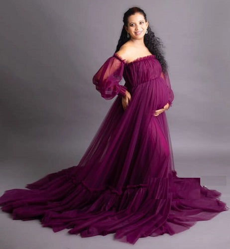 G1027, Dark Orchid Purple Frilled Prewedding Shoot Trail Gown, Size: All, Color: All
