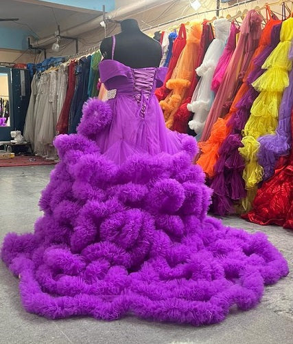 G2033, Luxury Purple Ruffled Long Trail Ball Gown, Size: All, Color: All