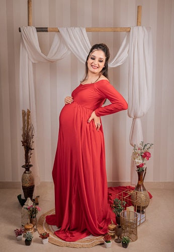 G443 ,Red Maternity shoot Baby Shower Lycra Body Fit Gown, Size: All, Color: All