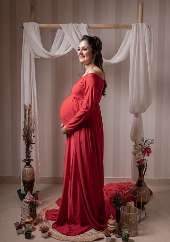 G443 ,Red Maternity shoot Baby Shower Lycra Body Fit Gown, Size: All, Color: All