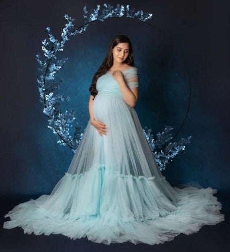 G1128, Light Blue Slit Cut Ruffled Maternity Shoot Trail Gown, Size: All, Color: All