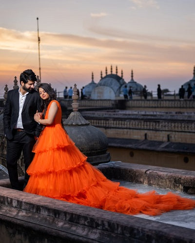 G740, Luxury Orange Infinity Frill Pre Wedding Long Trail  Gown, Size: All, Color: All