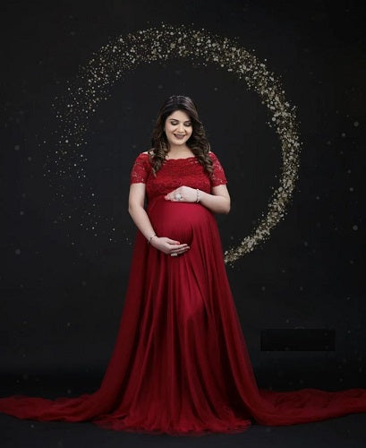 G1129, Wine Lace Top Maternity Shoot Trail Gown, Size: All, Color: All