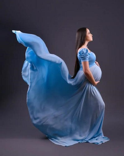 G1130, Sky Blue Satin Maternity Shoot Trail Gown, Size: Al, Color: All