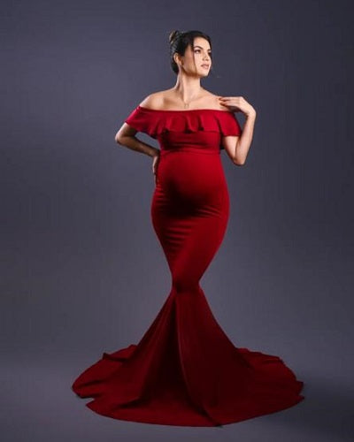 G342, Wine Off Shoulder Maternity Shoot Gown Sizw: All, Color: All