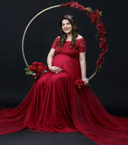 G1129, Wine Lace Top Maternity Shoot Trail Gown, Size: All, Color: All