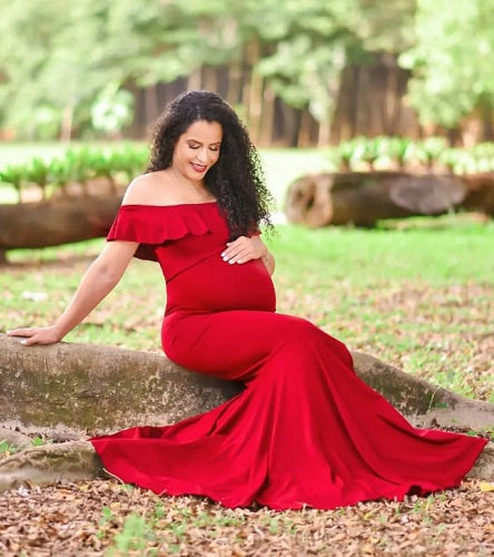 G342, Wine Off Shoulder Maternity Shoot Gown Sizw: All, Color: All