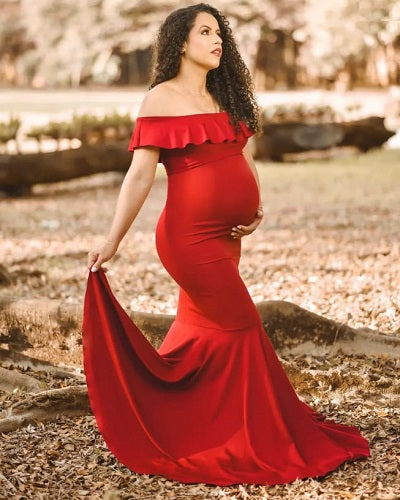 G342, Wine Off Shoulder Maternity Shoot Gown Sizw: All, Color: All