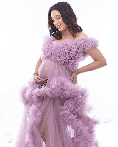 G1131, Lilac Ruffled Maternity Shoot Trail Gown With Inner, Size: All, Color: All