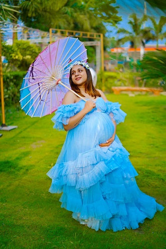 G466, Blue Frilled Maternity Shoot Gown With Inner, Size (All)