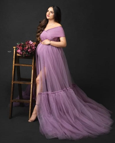 G2119,Dusty Lavender Frilled Maternity Shoot Trail Gown, Size: All, Color: All