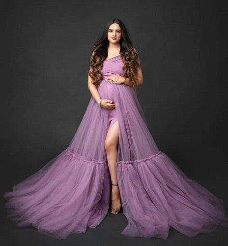 G2119,Dusty Lavender Frilled Maternity Shoot Trail Gown, Size: All, Color: All