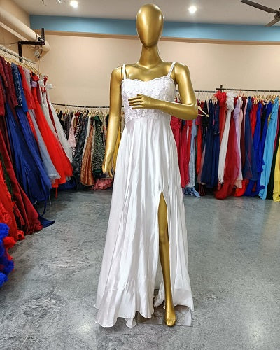 W633, White Slit Cut Evening Gown, Size: All, Color: All