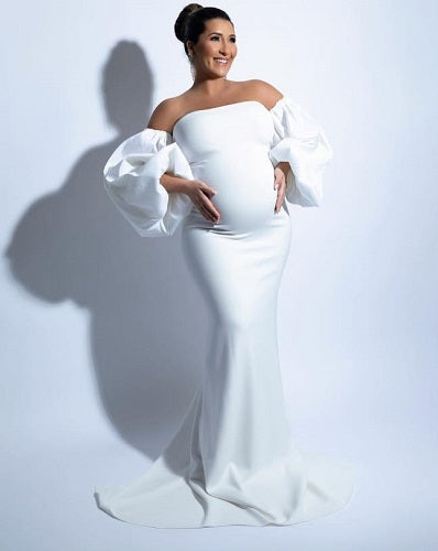 W233, White Ruffled Sleeves Maternity Shoot Trail Gown Size: All, Color: All