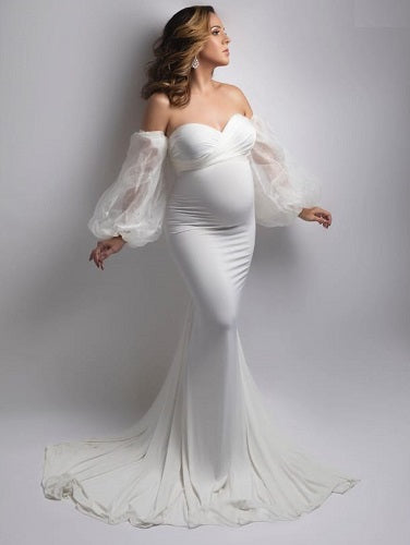 W234, White Ruffled Sleeves Maternity Shoot Trail Gown Size: All, Color: All