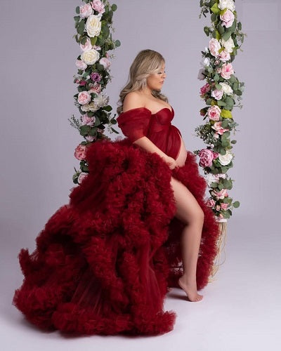 G2125, Wine Slit Cut Ruffled Maternity Shoot Trail Gown With Inner, Size: All, Color: All