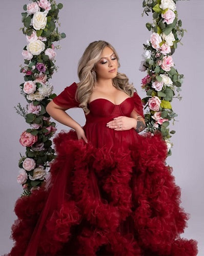 G2125, Wine Slit Cut Ruffled Maternity Shoot Trail Gown With Inner, Size: All, Color: All