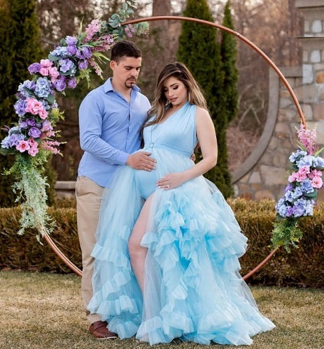 G2126, Ice Blue Slit Cut Frilled Maternity Shoot Trail Gown With Inner, Size: All, Color: All