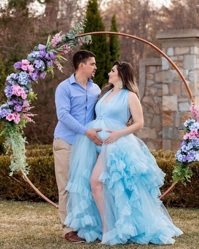 G2126, Ice Blue Slit Cut Frilled Maternity Shoot Trail Gown With Inner, Size: All, Color: All