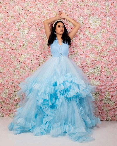 G2126, Ice Blue Frilled Shoot Gown Size: All, Color: All
