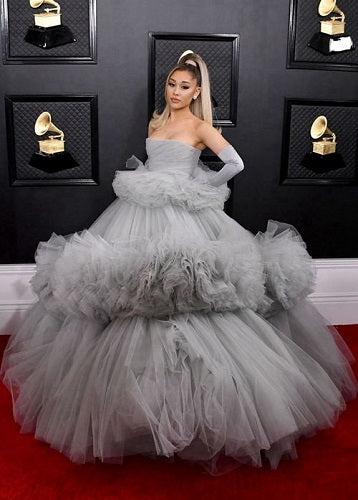 G787, Ariana Grande Dusty Grey Ruffled Long Trail Shoot Gown, Size: All, Color: All