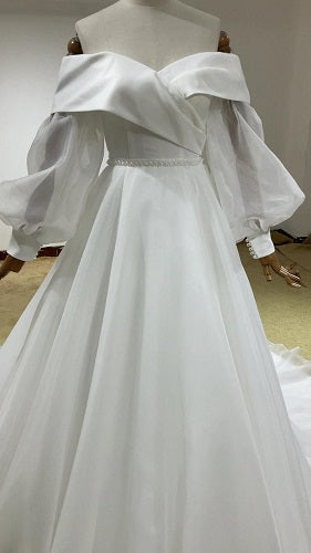 W158, White Satin Off-Shoulder Ruffle Sleeves Trail Shoot Gown, Size: All, Color: All