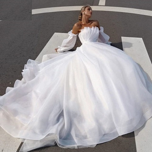 W152, White Tube Top Ruffle Sleeves Trail Shoot Gown, Size: All, Color: All