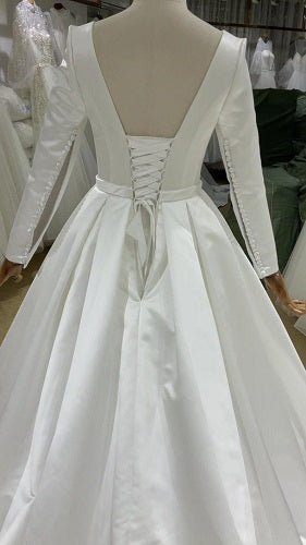 W153, White Satin Full Sleeves Wedding Trail Gown, Size: All, Color: All