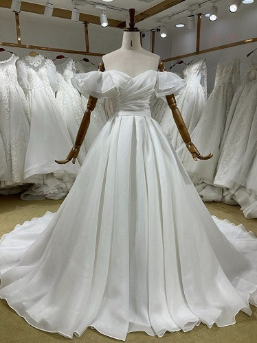 W160, White Satin Ruffle Sleeves Wedding Trail Gown, Size: All, Color: All