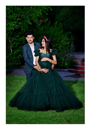 G2049, Bottle Green Ruffled Maternity Shoot Trail Gown: All, Color: All