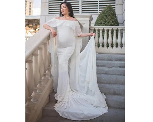 W546, White Maternity Shoot Baby Shower Trail Gown, Size: All, Color: All