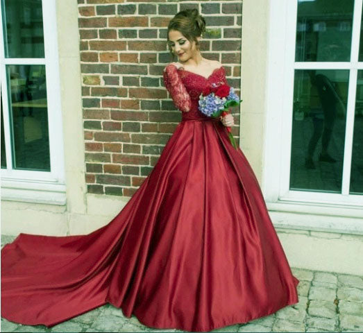 G229, Wine Satin Semi Off Shoulder Full Sleeves Prewedding Shoot Trail Ball Gown, Size: All, Color: All