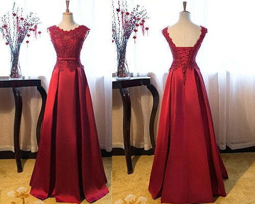 G801, Wine Satin Off Shoulder Lace Trail Ball Gown, Size (XS-30 to XL-40)